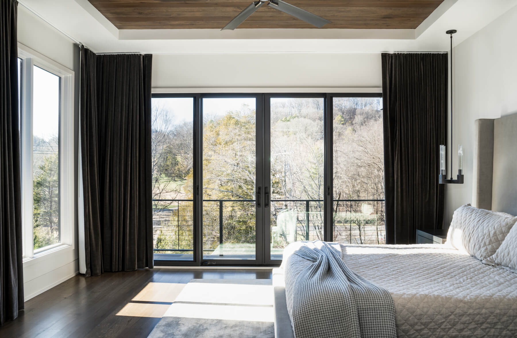 Contemporary home master bedroom with a large window view